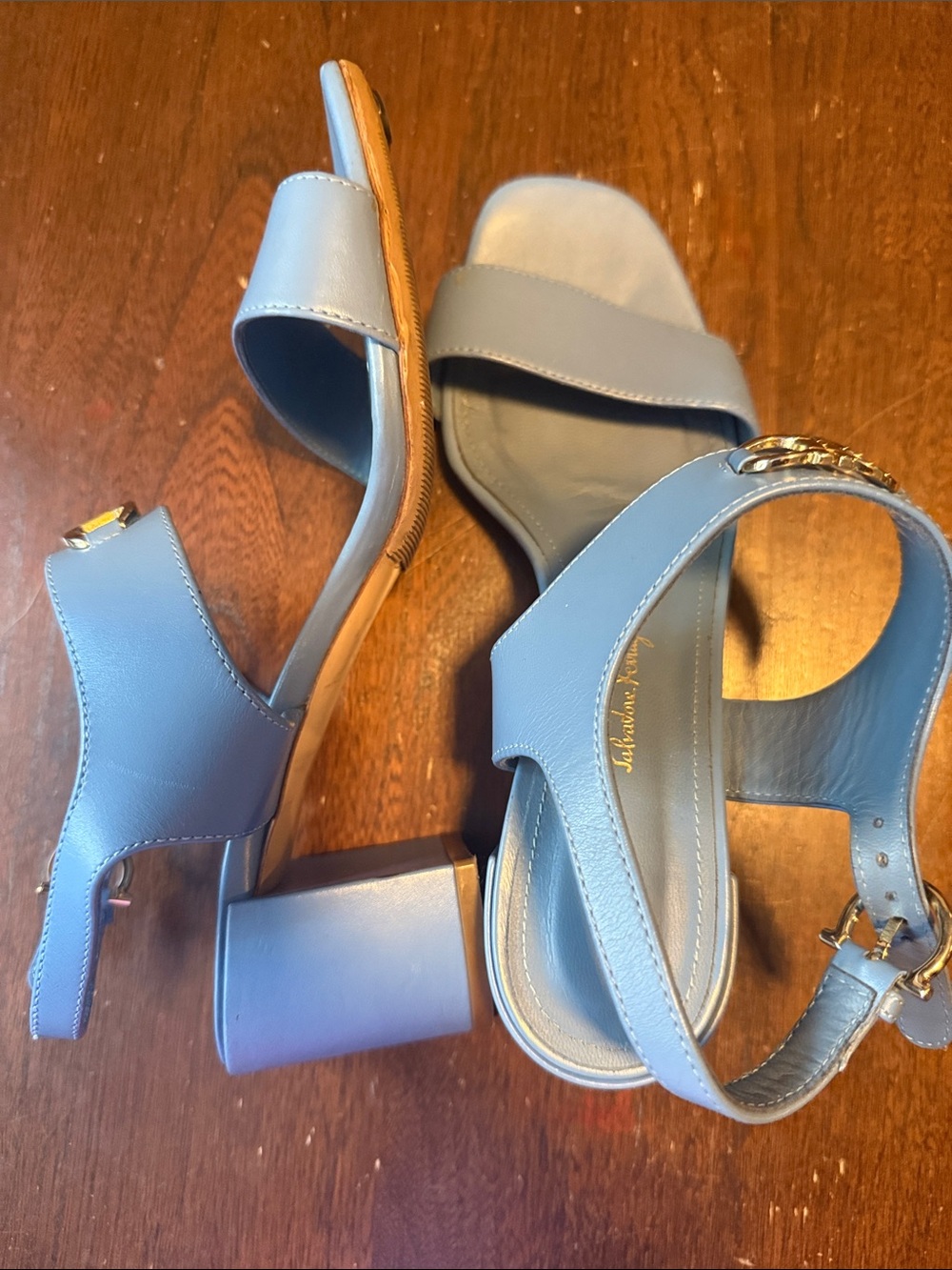 Salvatore Ferragamo Light Blue Leather Sandals with Gold Buckle - Picture 5 of 5